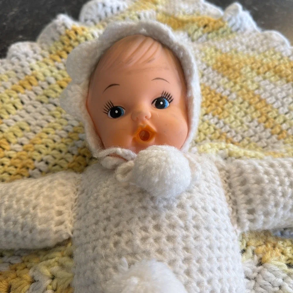 Vintage Plastic Doll With Bottle, crocheted blanket and body Brown Hair Blue Eye